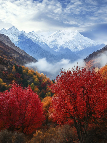 秋叶雪山云雾