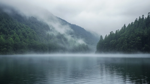 云南山区湖泊雾气缭绕
