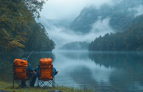 湖边钓鱼的夫妇