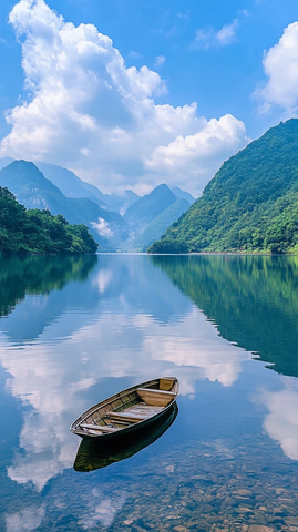 湖面如镜，山云环绕