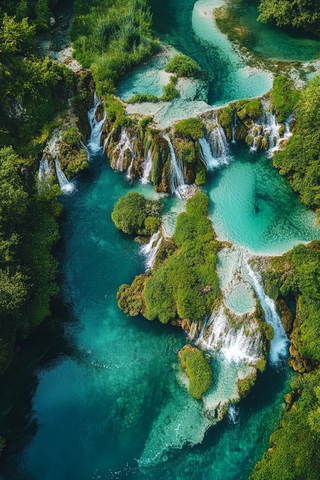 多级瀑布与蓝绿水