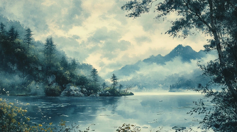 湖面远山古画风
