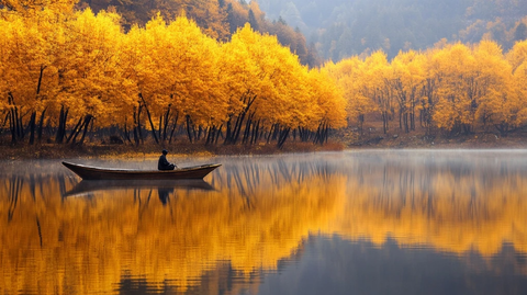 小船钓鱼湖面倒影