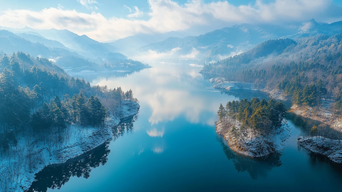 冬日蓝天俯瞰松林湖面