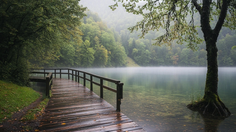 木栈道通向湖泊