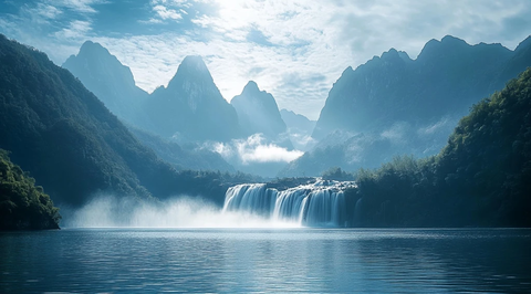 瀑布流经绿林湖面