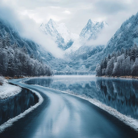 雪山下湖面道路