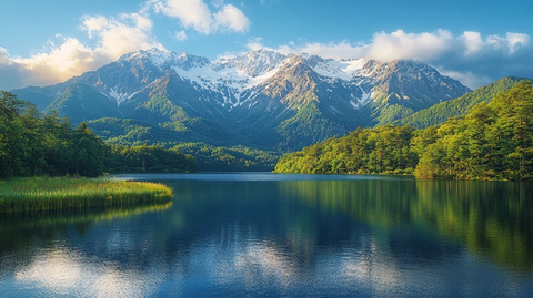 雪山湖泊映蓝天