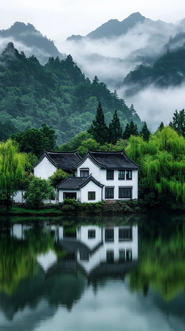 白墙黑瓦古屋春景