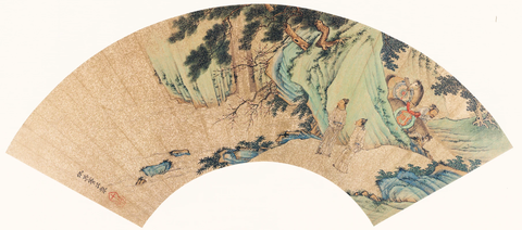 仇英扇面 1花巖游騎圖