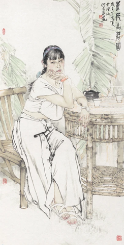 何家英 蕉荫品茗图 