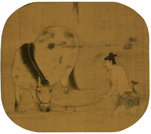 唐 韩干 清溪饮马图-绢本68x42副本