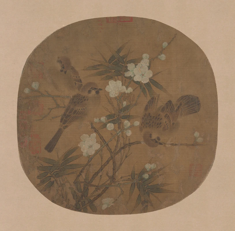 宋 佚名 梅竹戏雀图绢本25.7x26.8大都会
