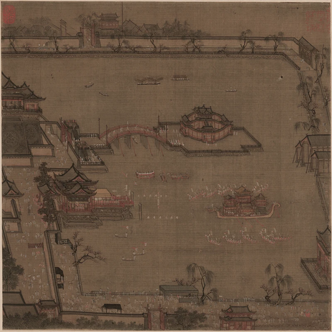 宋 佚名 金明池争标图 绢本28.6x28.6