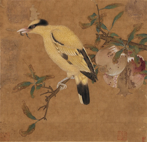 宋 佚名(传毛益) 榴枝黄鸟图 绢本24.6x25.4