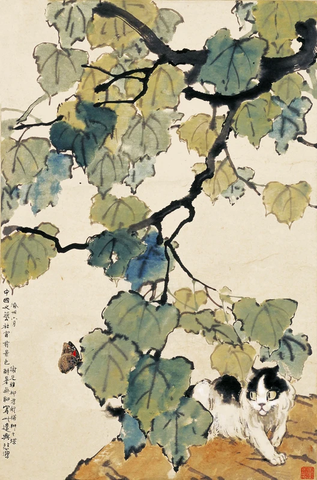 徐悲鸿 梧桐猫蝶图轴61x40 