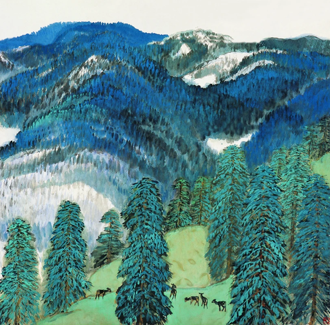 方济中-山水斗方 