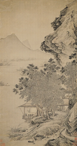 明 仇英 渔笛图 绢布113x60美国纳尔逊