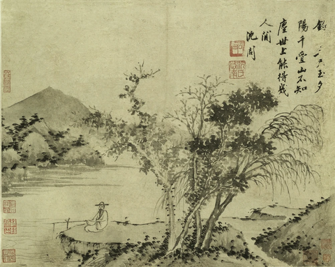 明 沈周 垂钓 绢布 60X50.63