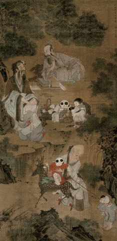 明 王文炜 祝寿图轴 绢80X160副本