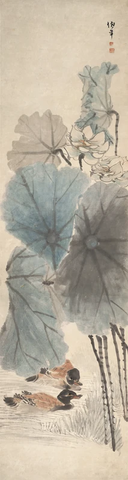 清 任伯年 荷花鸳鸯图纸本40x150 