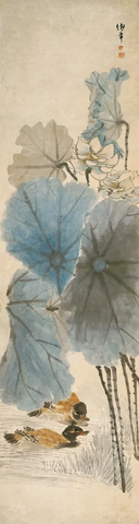 清 任伯年-荷花鸳鸯40x150