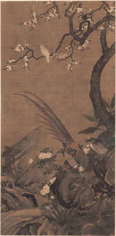 清 尤萃 花鸟珍禽图（杏花双雉图）绢本97.6x197.2