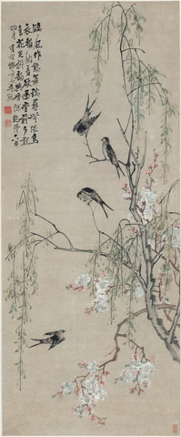 清 李禅 桃花柳燕图 纸本51.9x125.4