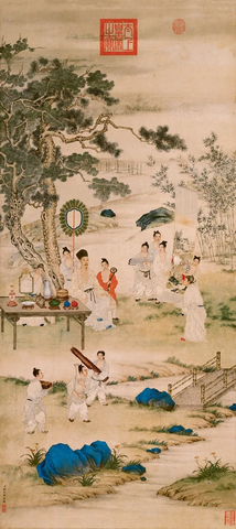 清 郎世宁 弘历观画图 绢本136.4X62