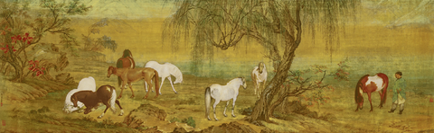 清 郎世宁 郊原牧马图绢本绢本51.20×166