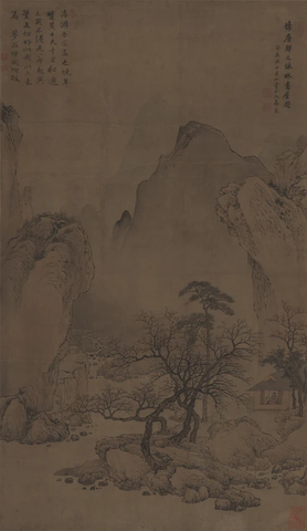 清 高简 仿唐寅秋林书屋图绢本96X56旅顺博物馆藏