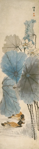 清+任伯年-荷花鸳鸯40x150