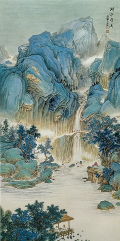 湖亭清夏图 青绿山水 