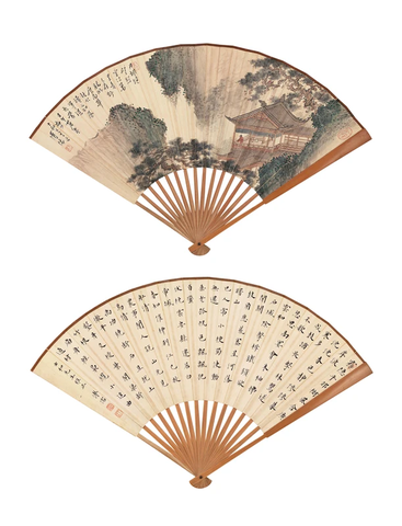 溥心畬 壬午（1942年）作 书画合璧扇 成扇 