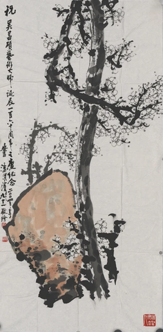 潘渭滨-巨石白梅图 