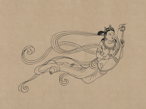 莫高窟161窟 晚唐 飞天伎乐 弯颈凤首琴 