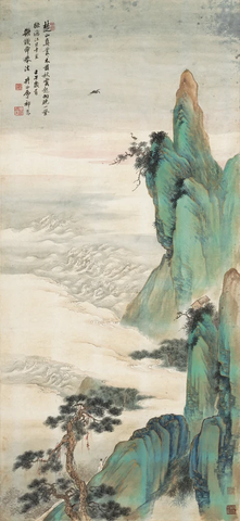 近现代 祁昆 金碧青绿山水轴 纸本50.4x109 