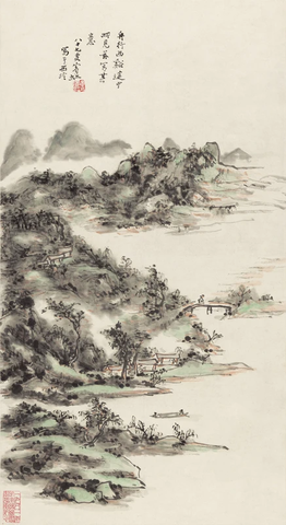 近现代 黄宾虹 舟行溪谷图 纸本40.6x74.3 