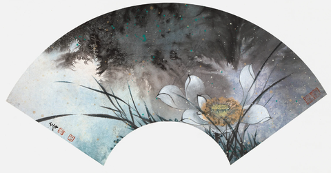 郑力 扇面 荷花 