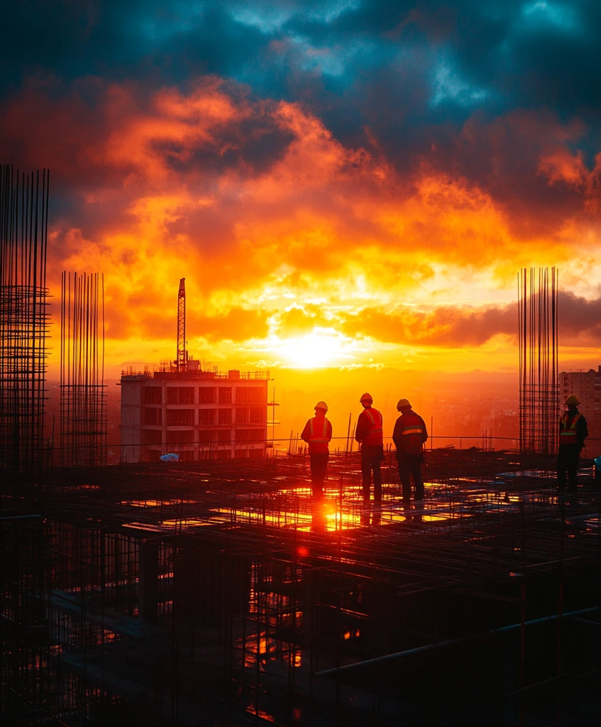 工人晨曦施工中