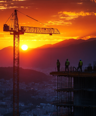 工人晨曦施工中