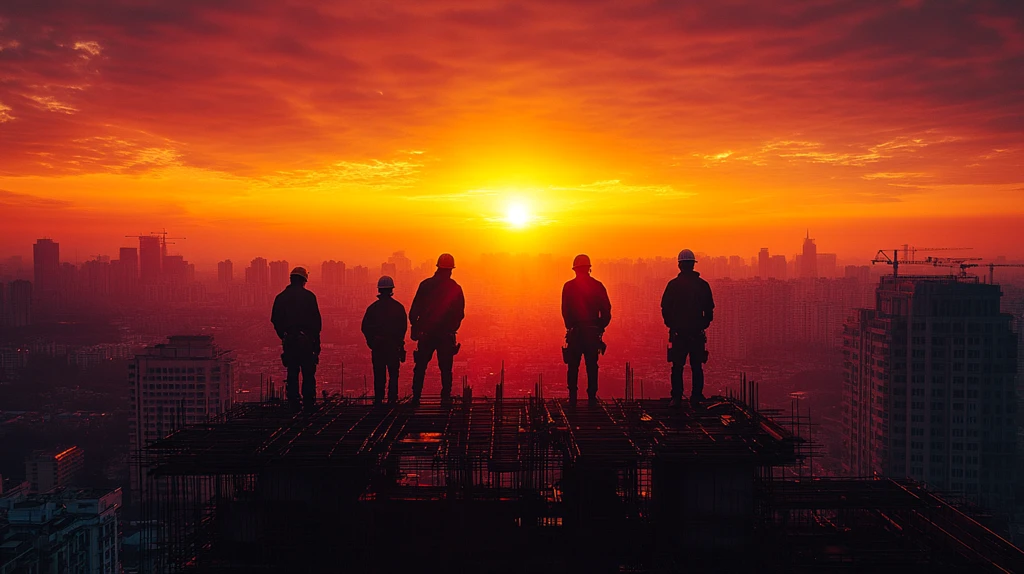 工人晨光中施工