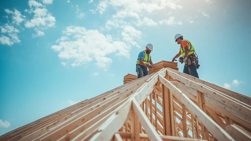 工人屋顶搭建木材