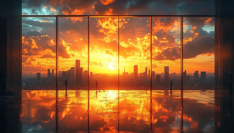 钢梁框架与城市倒影