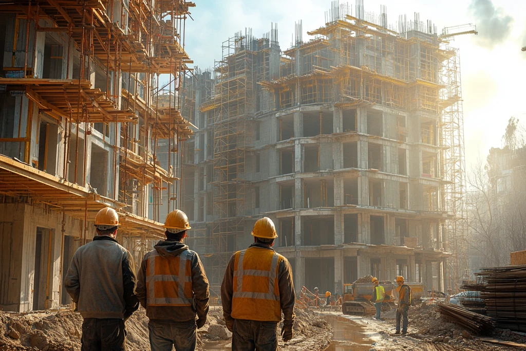 施工队在新建楼前