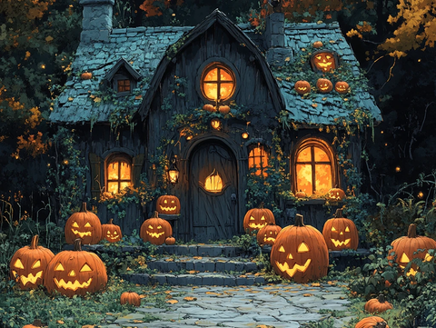 南瓜灯装饰的木屋