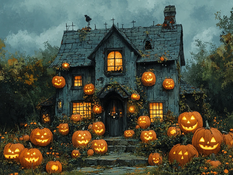 南瓜灯装饰的木屋