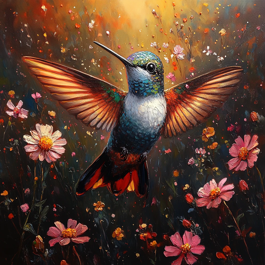 蜂鸟飞舞花丛间