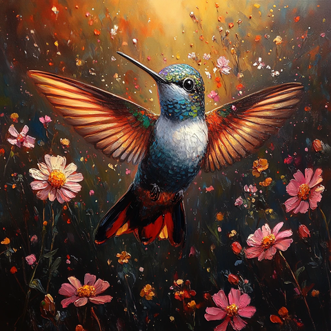 蜂鸟飞舞花丛间