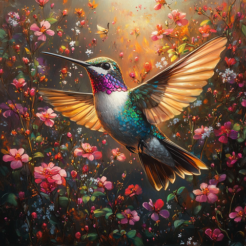 蜂鸟飞舞花丛间